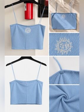 Fashion Nova Light Blue Ribbed Sun-Embroidered Cami